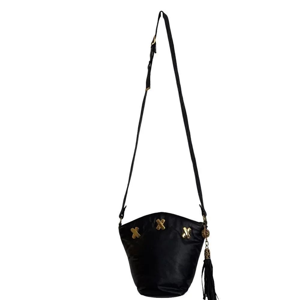 PINKY Genuine Leather Small Black Bucket Crossbody Bag